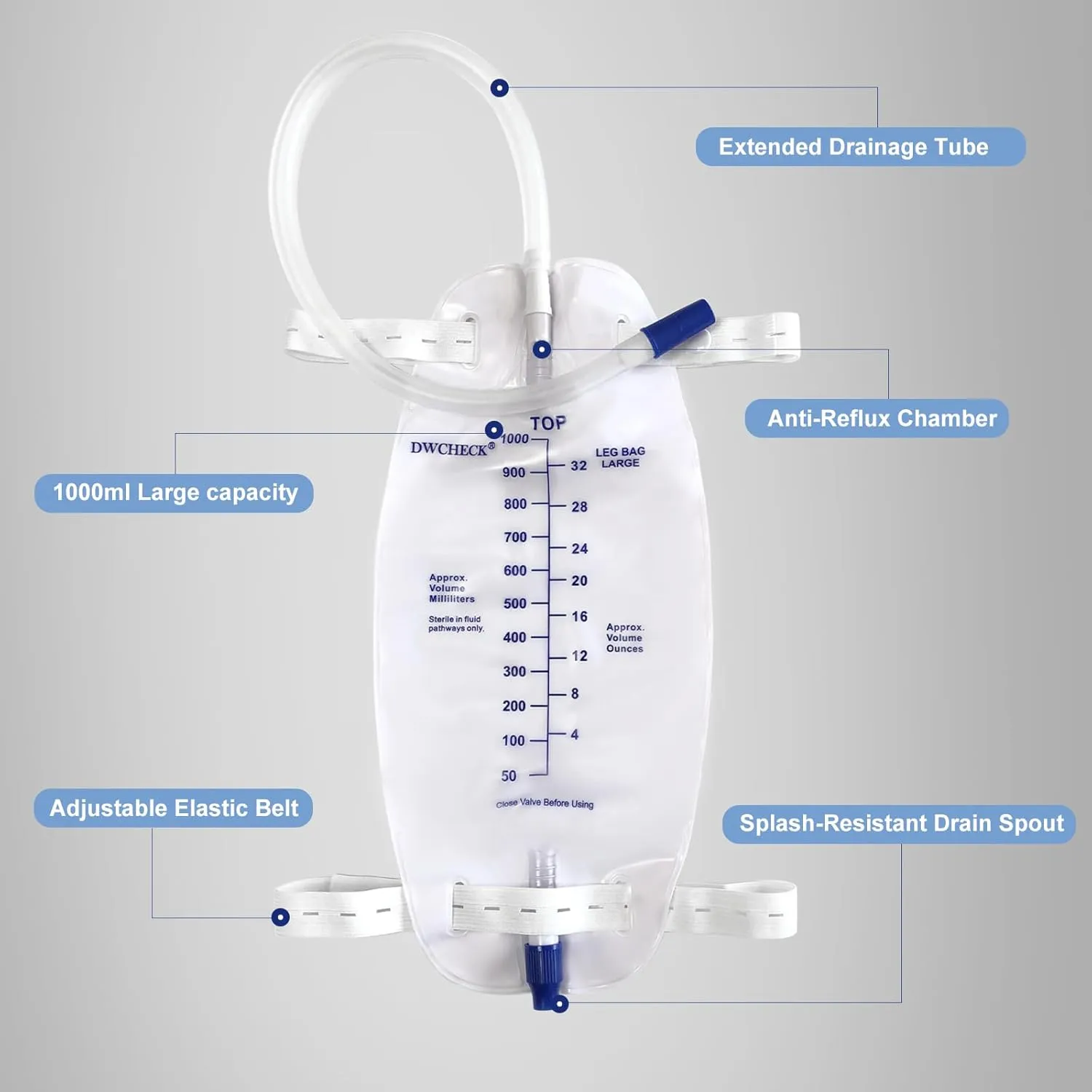 10 Pack Leg Bag Urinary Drainage Bag,1000 ml Catheter Leg Bag with 18" Tubing,Adjustable Cloth Straps,Anti-Reflux Chamber,Splash-Resistant Drain Valve,Latex-Free,Disposal