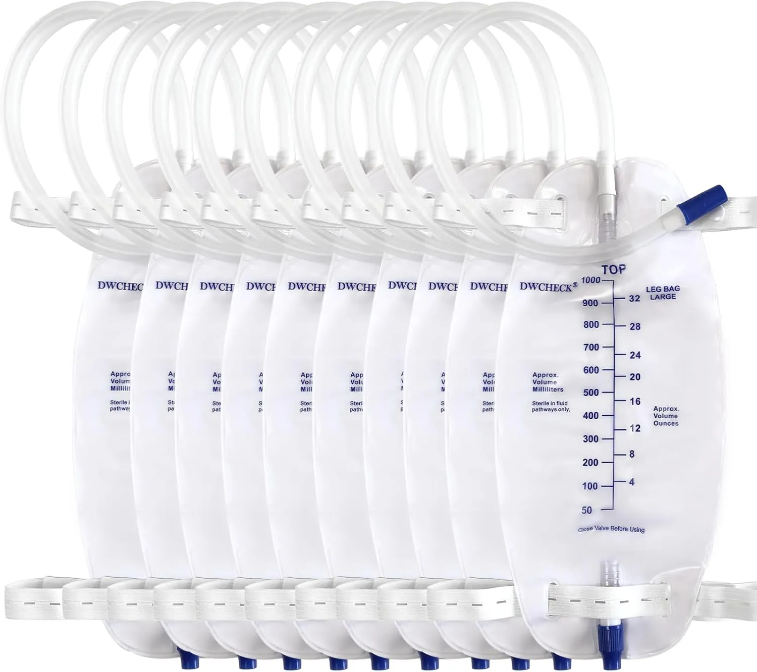 10 Pack Leg Bag Urinary Drainage Bag,1000 ml Catheter Leg Bag with 18" Tubing,Adjustable Cloth Straps,Anti-Reflux Chamber,Splash-Resistant Drain Valve,Latex-Free,Disposal