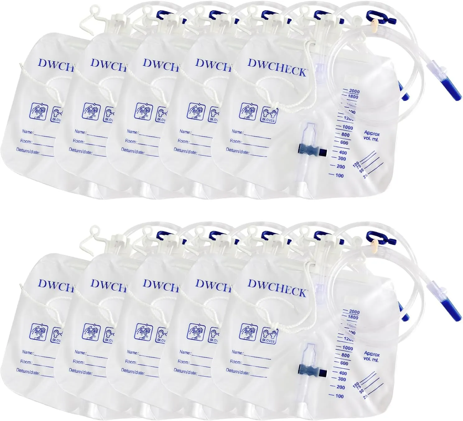 10 Pack Urinary Drainage Bag with Anti-Reflux Chamber,2000mL Urine Bags with 48" Tube Drainage,Splash-Resistant Drain Spout,Clips and Hanging Hook,Disposable Urine Bags for Men