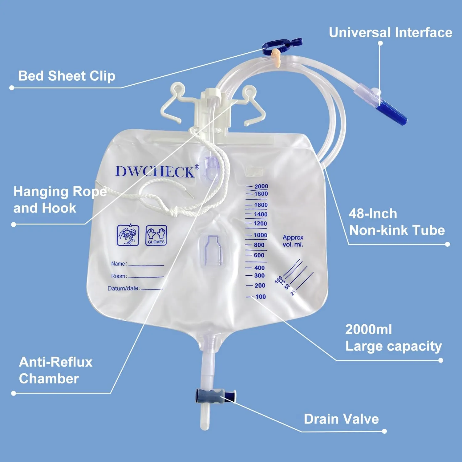 10 Pack Urinary Drainage Bag with Anti-Reflux Chamber,2000mL Urine Bags with 48" Tube Drainage,Splash-Resistant Drain Spout,Clips and Hanging Hook,Disposable Urine Bags for Men