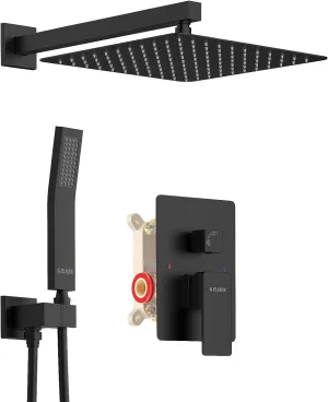 12 Inch Black Shower System with Rain Shower Head, Handheld Shower, Bathroom Luxury Mixer Combo Set, Wall Mounted Faucet Rough-in Valve and Trim Kit