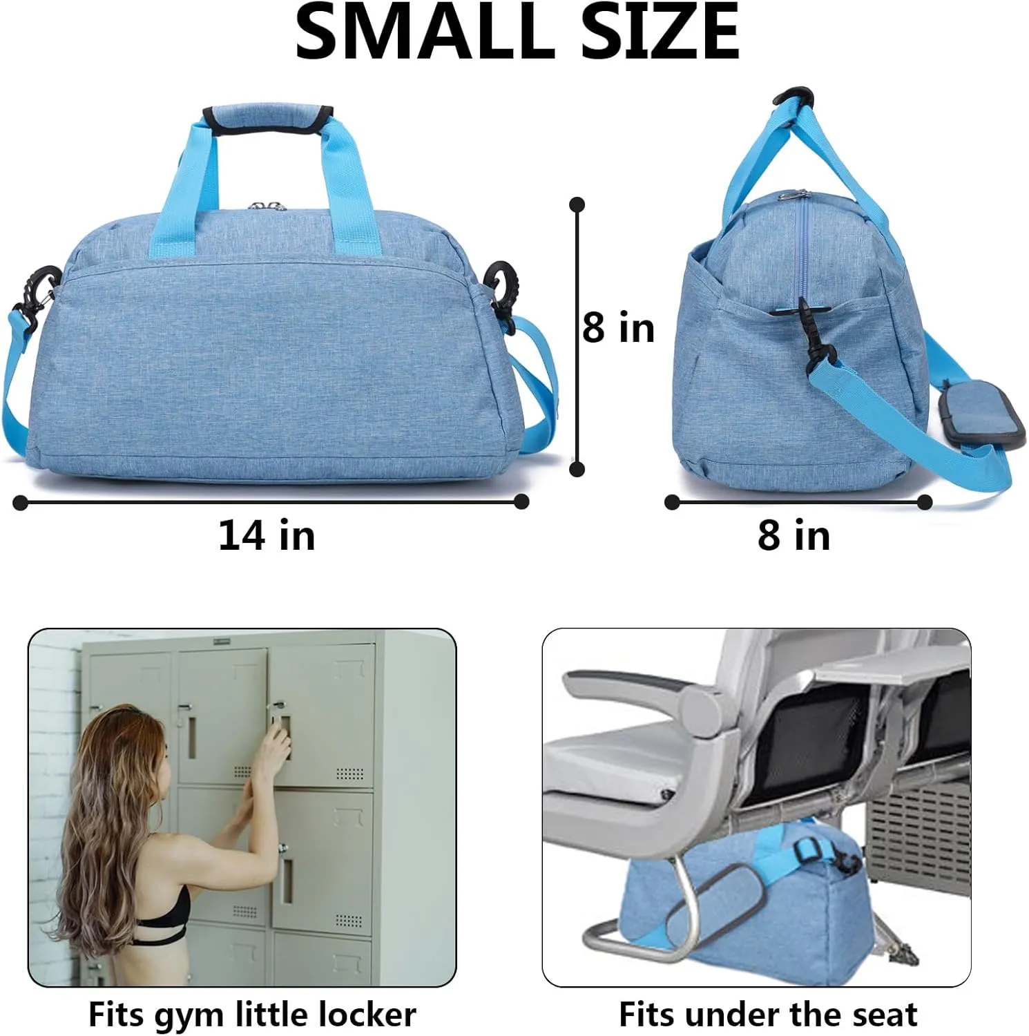 14 inch Small Gym Bag for Women & Men, Mini Duffel Bag for Travel Sports Lightweight Carry On Bag (Light Blue)