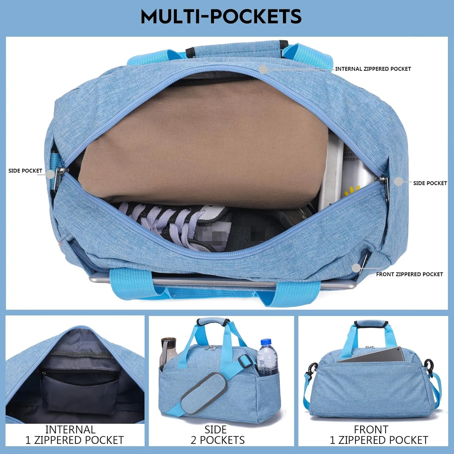 14 inch Small Gym Bag for Women & Men, Mini Duffel Bag for Travel Sports Lightweight Carry On Bag (Light Blue)