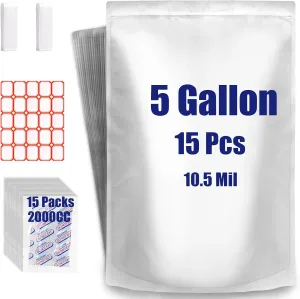 15 Pcs 5 Gallon Mylar Bags for Food Storage, 10.5 Mil Mylar Bags with Oxygen Absorbers 2000cc (15 Single Sealed), Stand-Up Zipper Resealable Bags & Heat Sealable Food Storage Bags   Labels