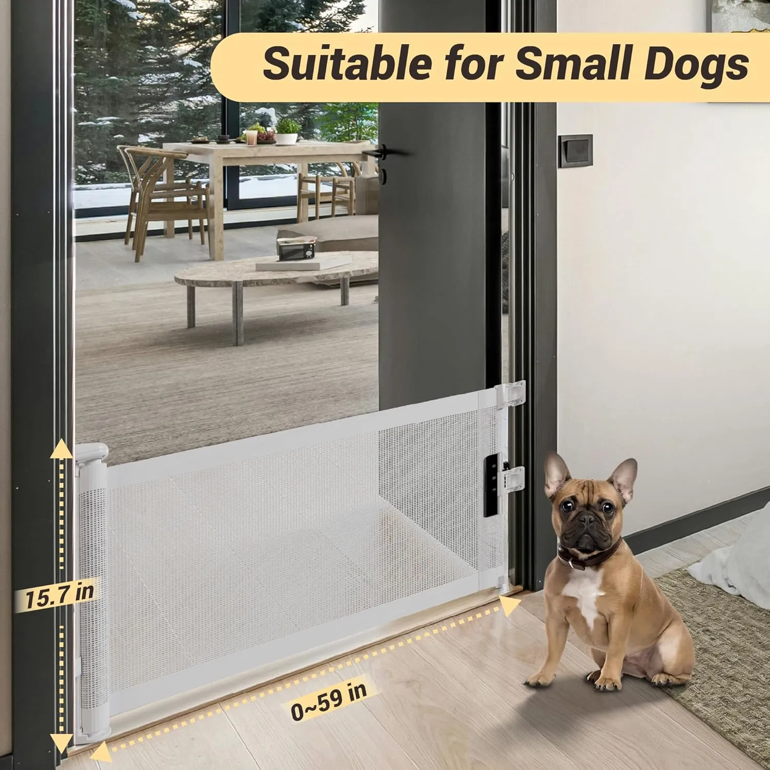 15.7" H Mesh Short Dog Gate, Extends Up to 59" W Retractable Pet Gate with Drill Installation, Small Dog Gate for Stairs, Easy Step Over Low Puppy Gate for Doorways Indoor Outdoor White