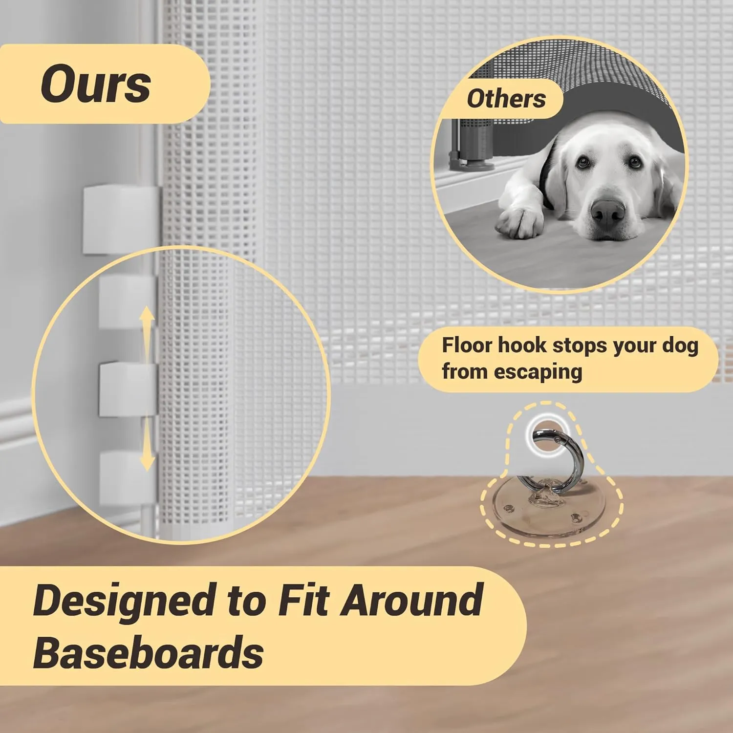 15.7" H Mesh Short Dog Gate, Extends Up to 59" W Retractable Pet Gate with Drill Installation, Small Dog Gate for Stairs, Easy Step Over Low Puppy Gate for Doorways Indoor Outdoor White