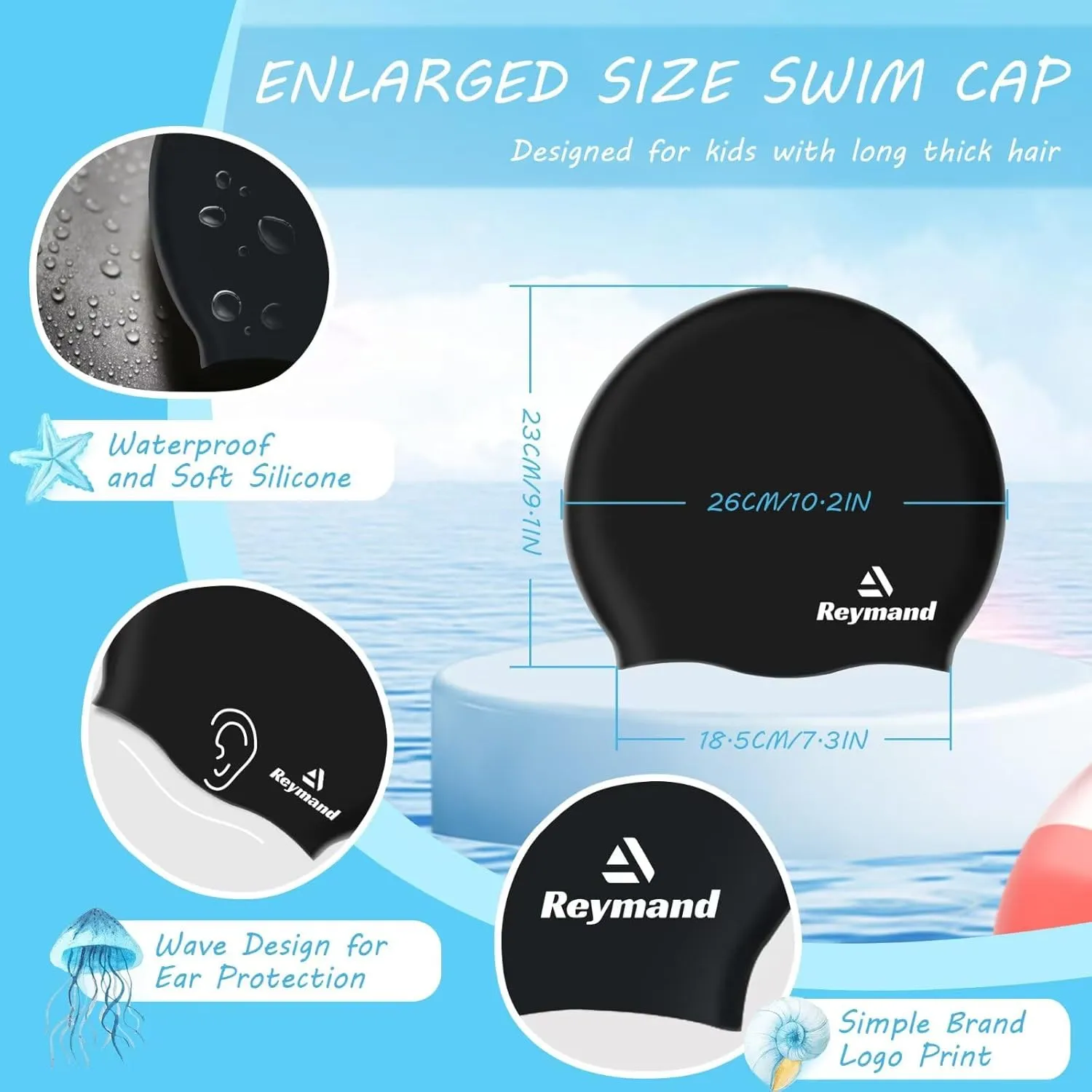 2 Pack Kids Extra Large Swim Cap for Long Thick Hair, Waterproof Silicone Swimming Cap for Toddler Child Youth Girls Boys, Durable Swim Hats Bathing Caps for Braids, Dreadlocks, Extensions, Afros