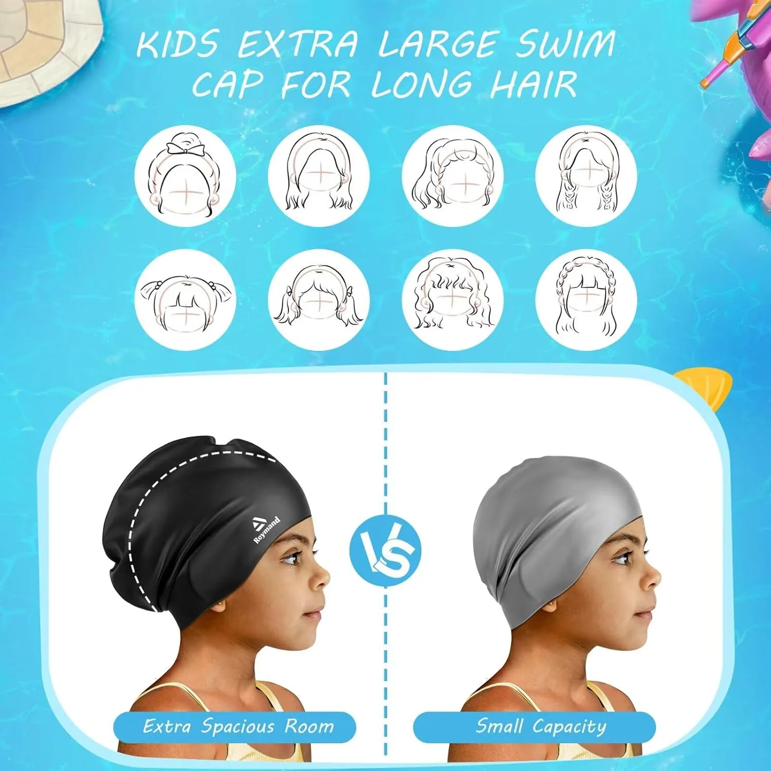 2 Pack Kids Extra Large Swim Cap for Long Thick Hair, Waterproof Silicone Swimming Cap for Toddler Child Youth Girls Boys, Durable Swim Hats Bathing Caps for Braids, Dreadlocks, Extensions, Afros