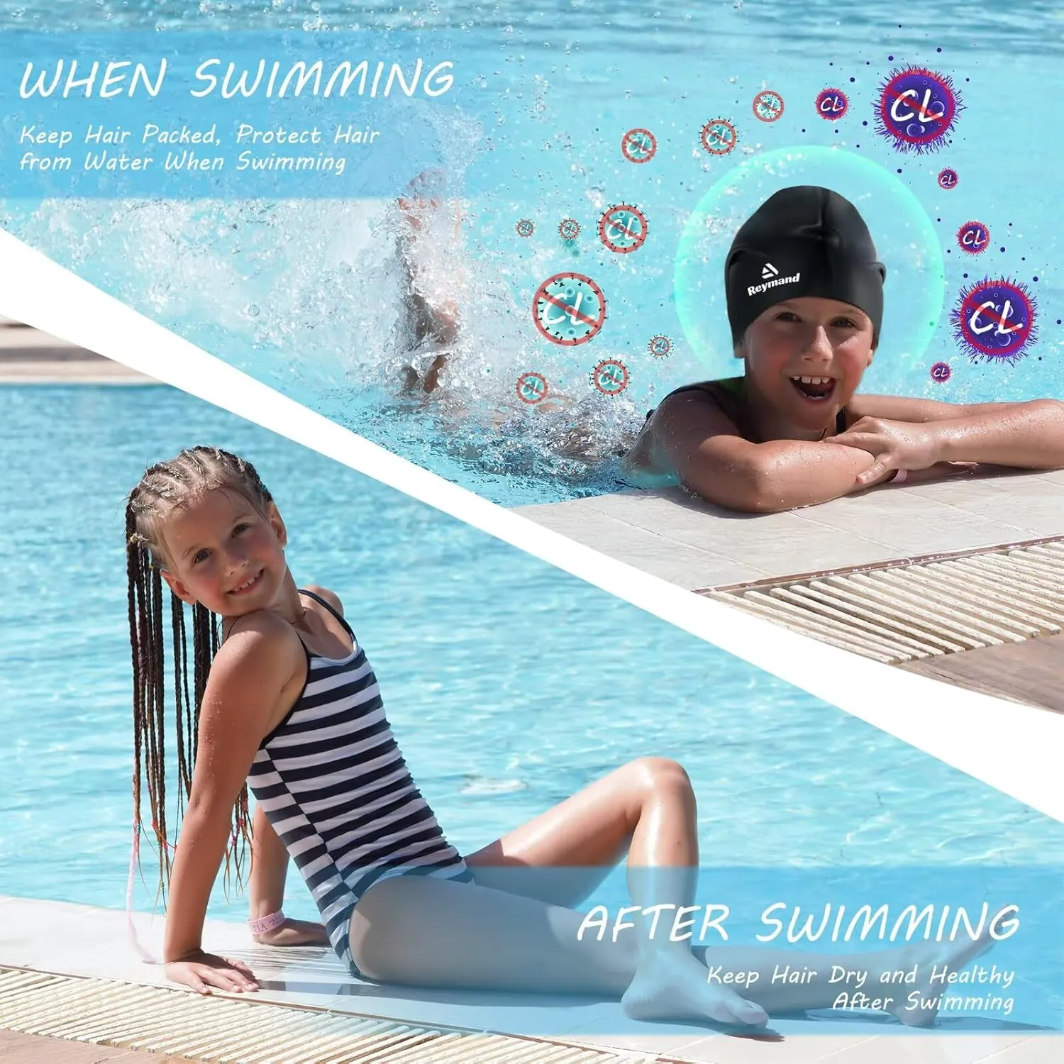 2 Pack Kids Extra Large Swim Cap for Long Thick Hair, Waterproof Silicone Swimming Cap for Toddler Child Youth Girls Boys, Durable Swim Hats Bathing Caps for Braids, Dreadlocks, Extensions, Afros