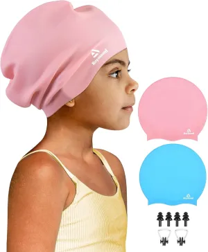 2 Pack Kids Extra Large Swim Cap for Long Thick Hair, Waterproof Silicone Swimming Cap for Toddler Child Youth Girls Boys, Durable Swim Hats Bathing Caps for Braids, Dreadlocks, Extensions, Afros