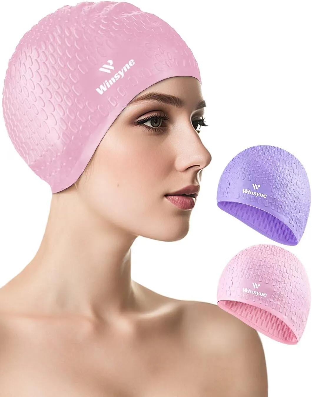 2 Pack Unisex Silicone Swim Cap for Women Men, Large Size Swimming Caps for Long Hair/Braids to Keep Hair Dry, Waterproof Bathing Caps for Swimming with Ear Plugs & Nose Clip Set