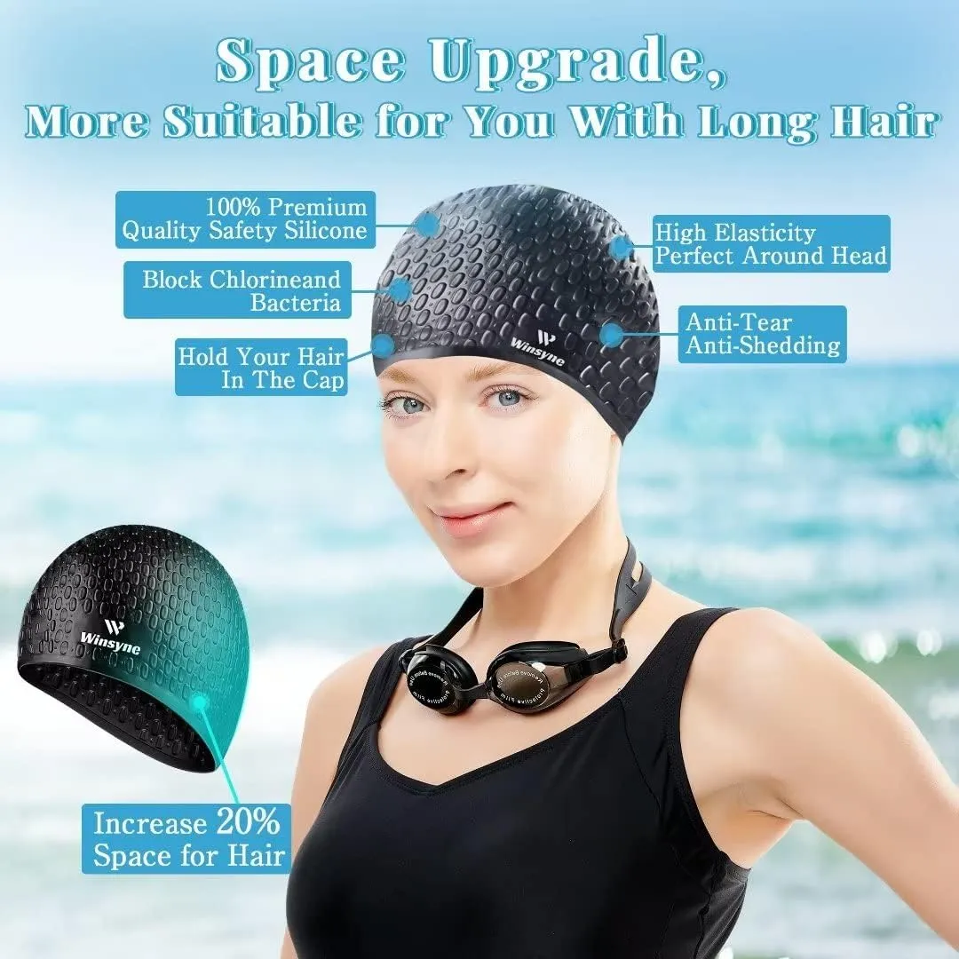 2 Pack Unisex Silicone Swim Cap for Women Men, Large Size Swimming Caps for Long Hair/Braids to Keep Hair Dry, Waterproof Bathing Caps for Swimming with Ear Plugs & Nose Clip Set