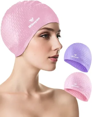 2 Pack Unisex Silicone Swim Cap for Women Men, Large Size Swimming Caps for Long Hair/Braids to Keep Hair Dry, Waterproof Bathing Caps for Swimming with Ear Plugs & Nose Clip Set
