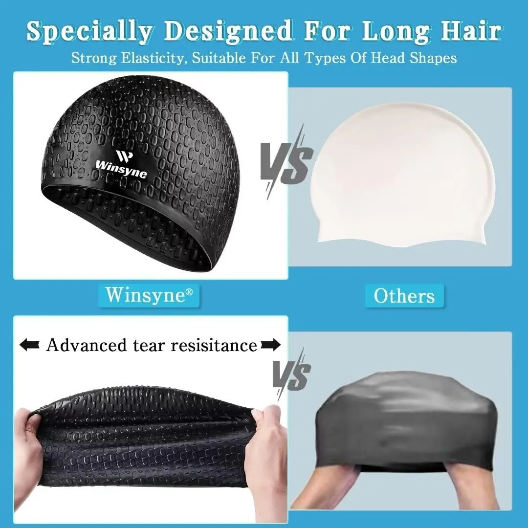 2 Pack Unisex Silicone Swim Cap for Women Men, Large Size Swimming Caps for Long Hair/Braids to Keep Hair Dry, Waterproof Bathing Caps for Swimming with Ear Plugs & Nose Clip Set