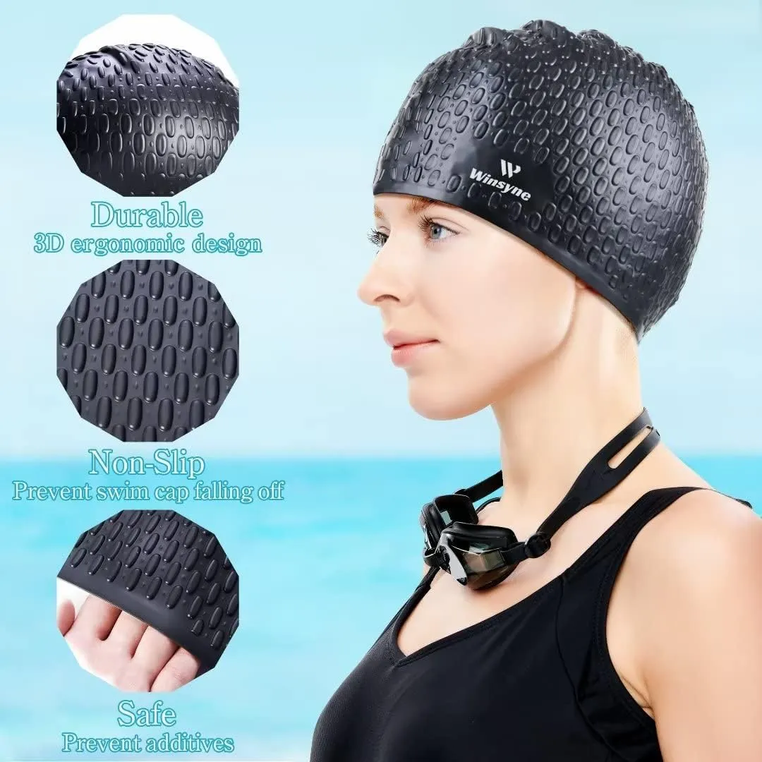 2 Pack Unisex Silicone Swim Cap for Women Men, Large Size Swimming Caps for Long Hair/Braids to Keep Hair Dry, Waterproof Bathing Caps for Swimming with Ear Plugs & Nose Clip Set