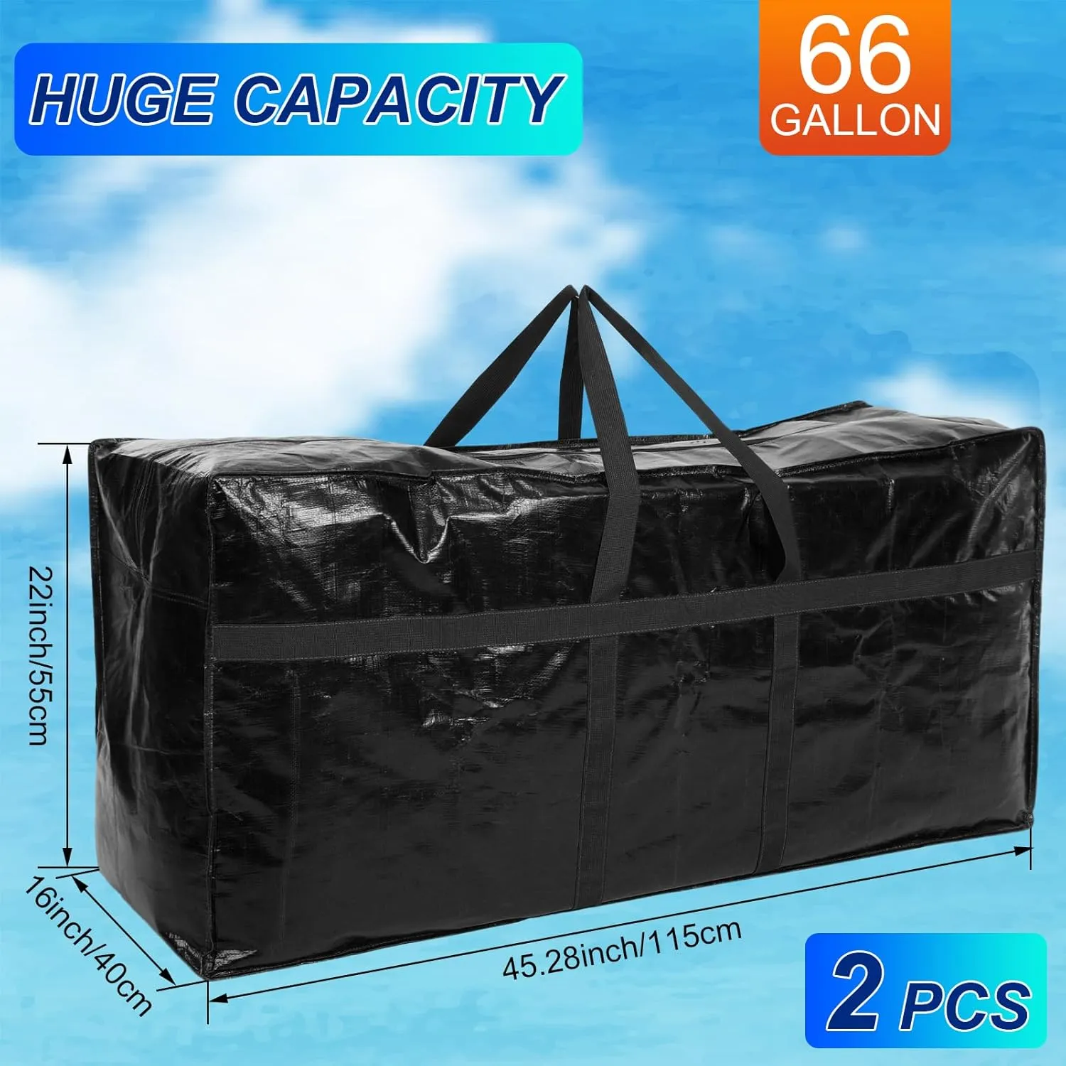 2 Pcs 66 Gallon Large Storage Bags with Zipper and Handles Foldable Moving Bags Heavy Duty Extra Large Tote Duffle Bag for College Dorm Travel Clothes Blankets Bedding Moving(Black)