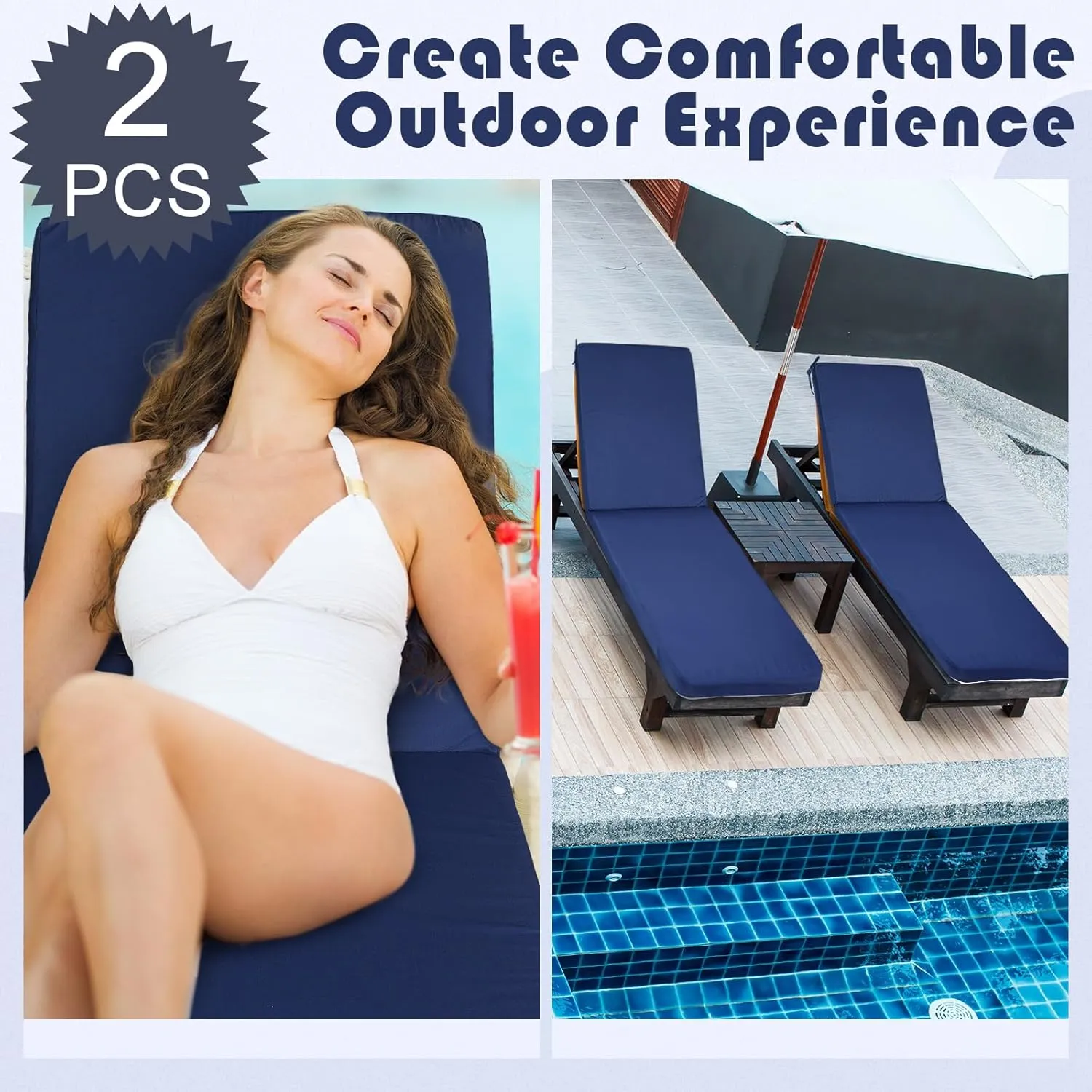 2 Pcs Outdoor Chaise Lounge Cushion Covers (Not Includes Cushion) 80 x 26 x 4 Inch Waterproof Replacement Patio Pool Lounge Chaise Chair Slipcover with Zipper Ties for Furniture