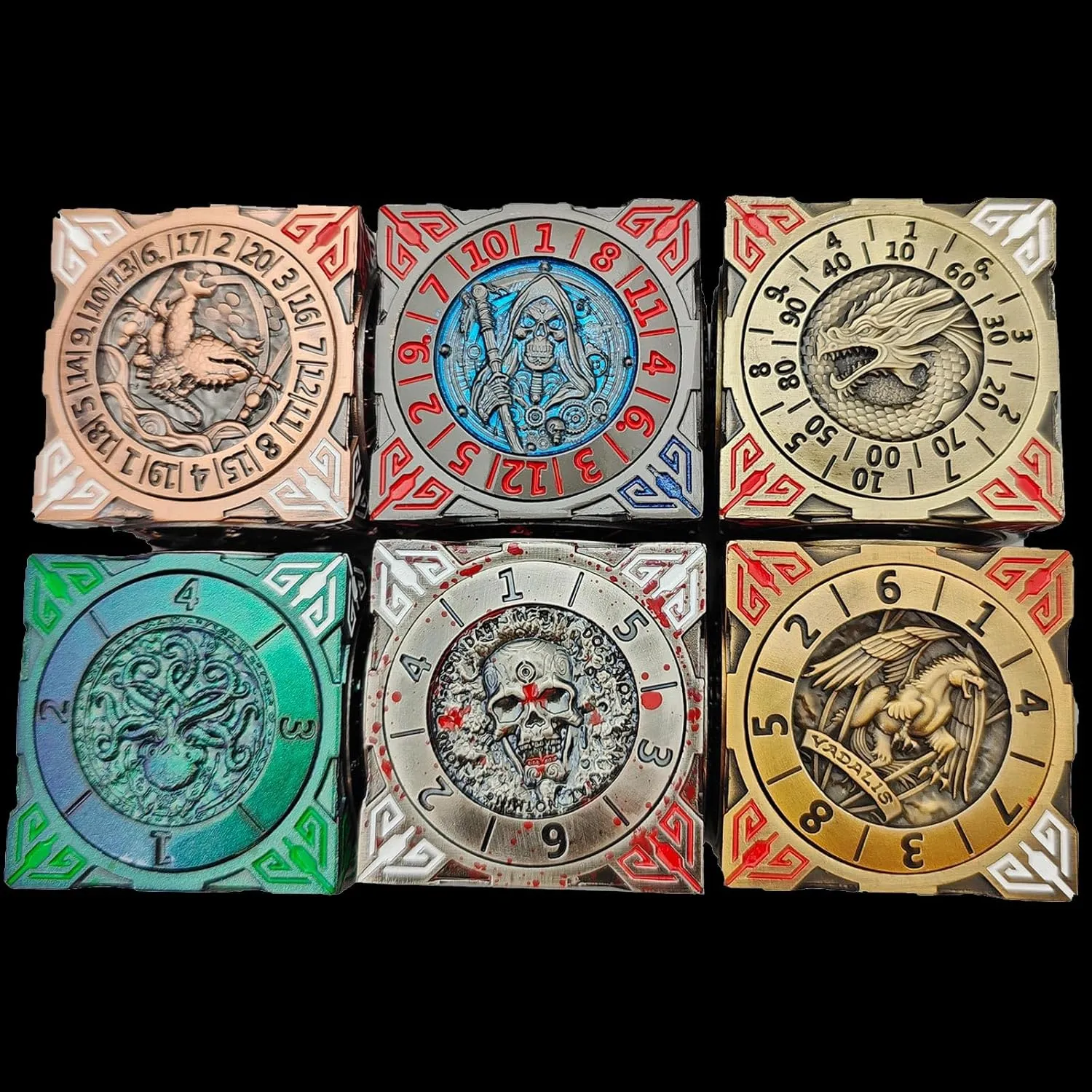 2025 New DND Spinner Dice, 7-in-1 Metal Dice Set with 3D Relief for Dungeons and Dragons Gifts, Polyhedral Roleplaying Game Dice, Fantasy D&D Tabletop RPG Accessories for DM & Player (Black Blue)