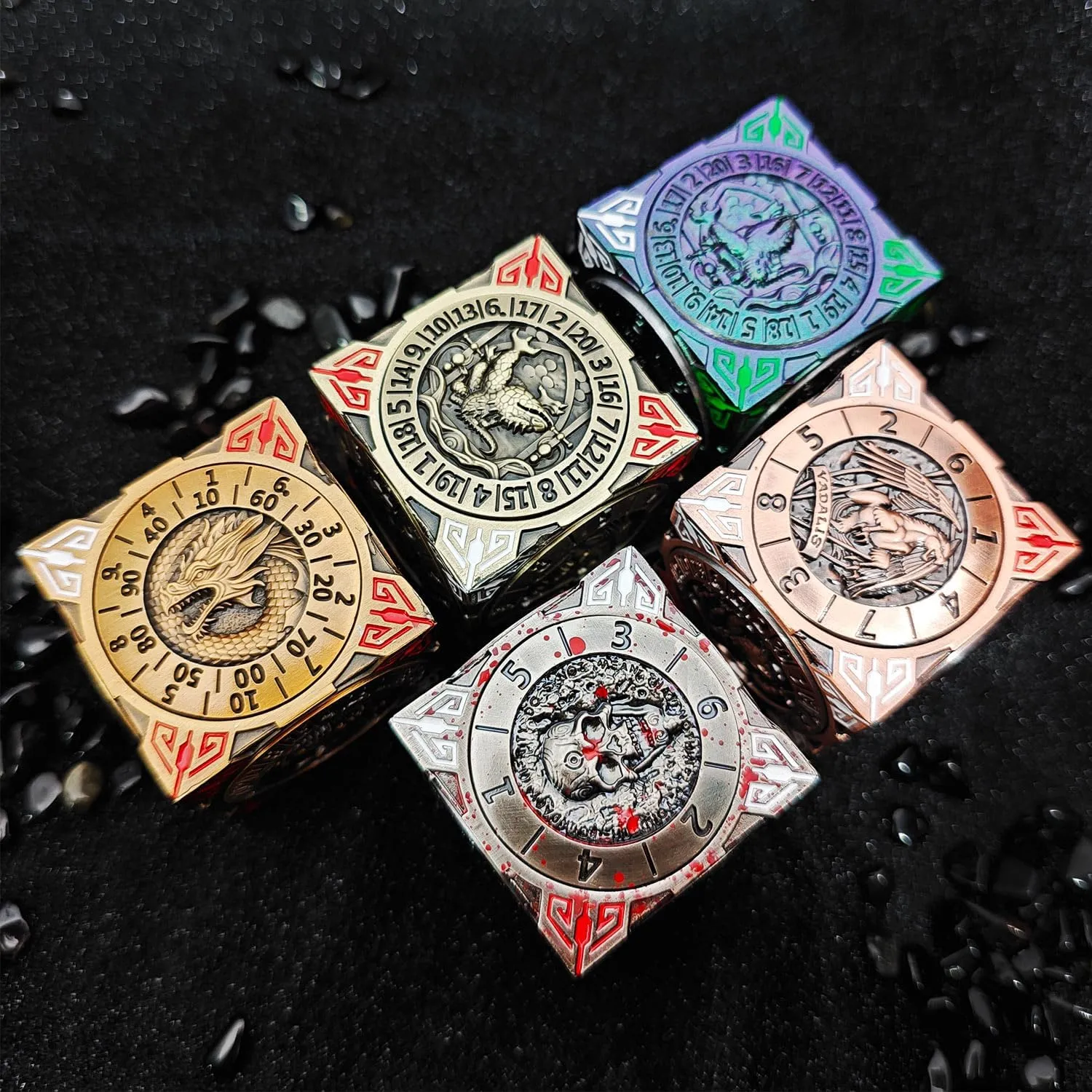 2025 New DND Spinner Dice, 7-in-1 Metal Dice Set with 3D Relief for Dungeons and Dragons Gifts, Polyhedral Roleplaying Game Dice, Fantasy D&D Tabletop RPG Accessories for DM & Player (Black Blue)