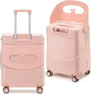 22 Inch Ride On Luggage with Storable Seat for Kids Hardshell Suitcase with Lockable Spinner Wheels and TSA Lock for Travel (Pink, 22-Inch)
