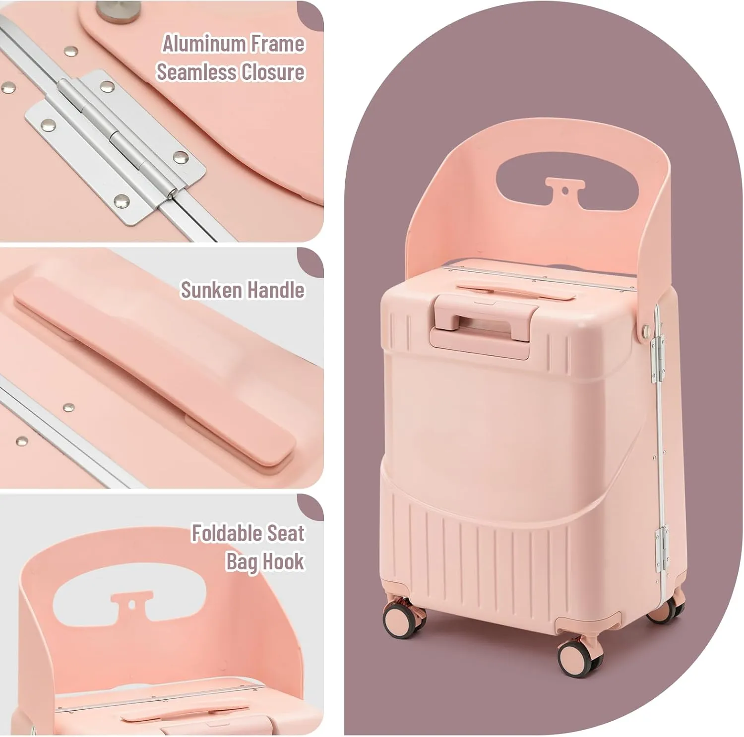 22 Inch Ride On Luggage with Storable Seat for Kids Hardshell Suitcase with Lockable Spinner Wheels and TSA Lock for Travel (Pink, 22-Inch)