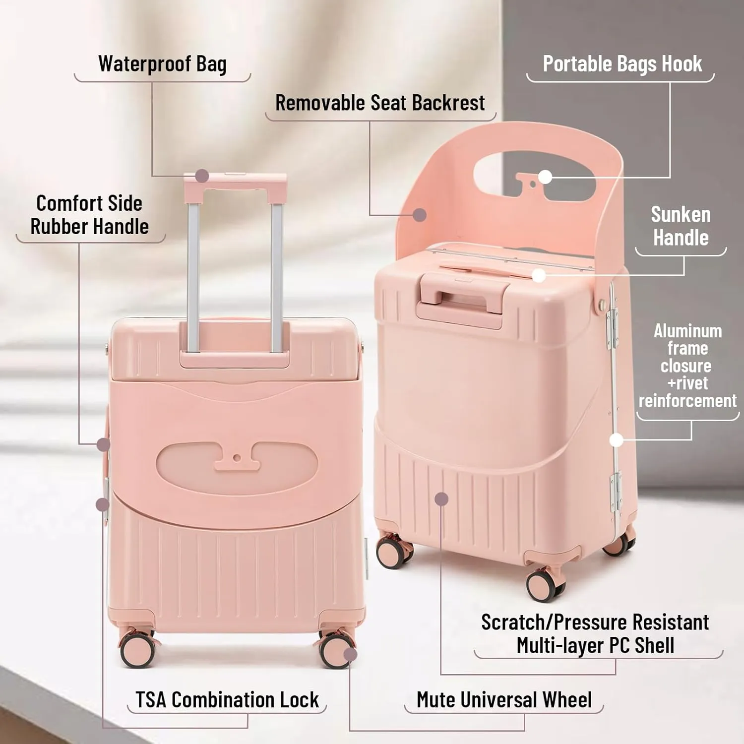 22 Inch Ride On Luggage with Storable Seat for Kids Hardshell Suitcase with Lockable Spinner Wheels and TSA Lock for Travel (Pink, 22-Inch)
