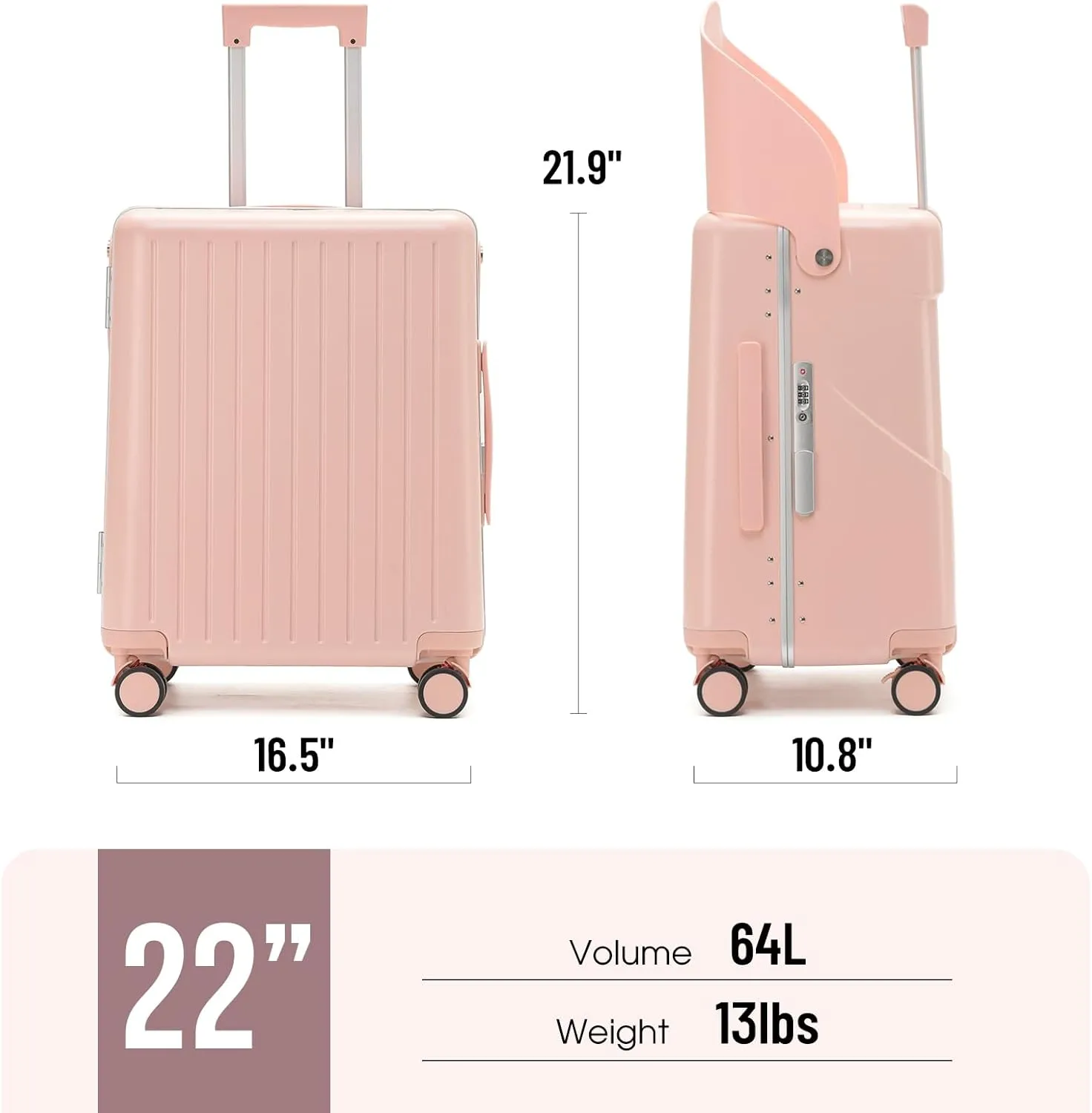 22 Inch Ride On Luggage with Storable Seat for Kids Hardshell Suitcase with Lockable Spinner Wheels and TSA Lock for Travel (Pink, 22-Inch)