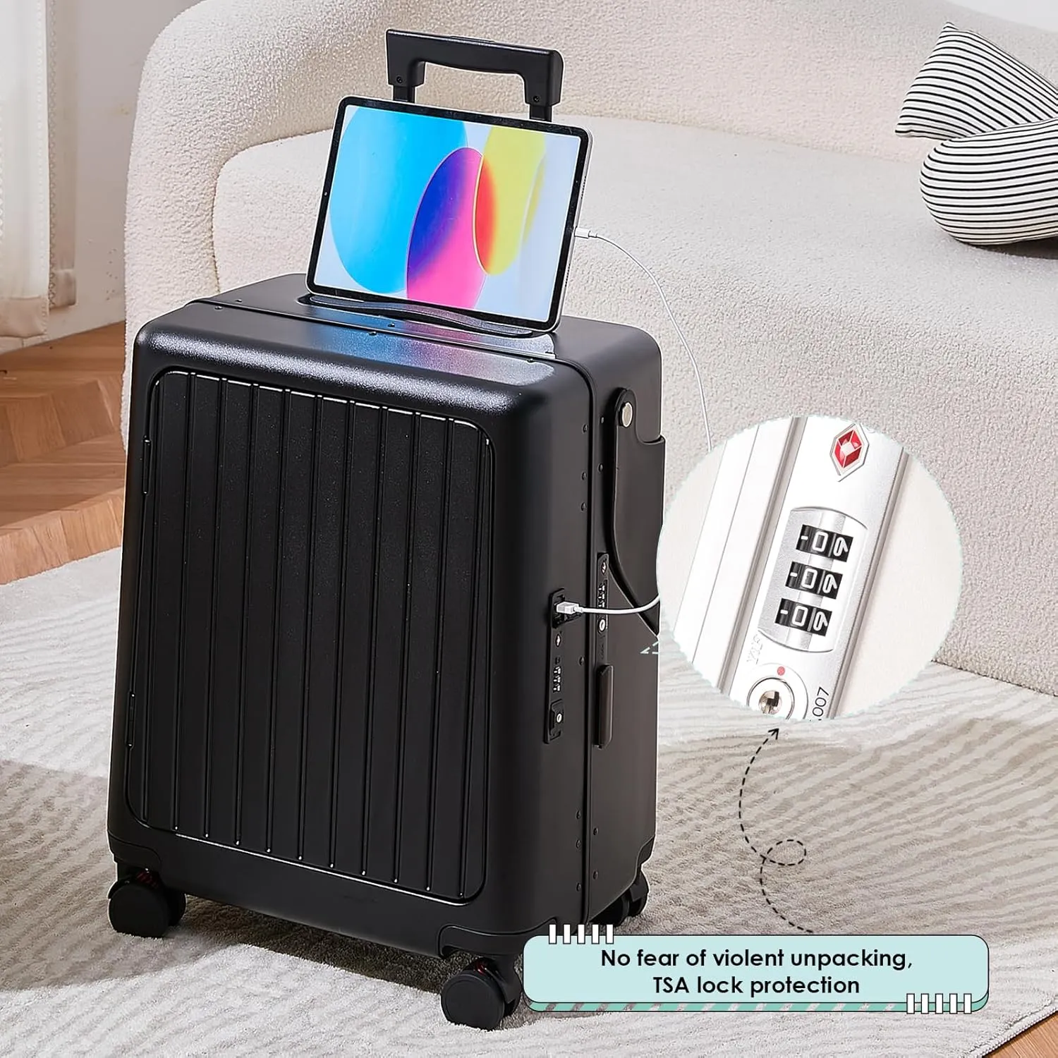24" Hardshell Suitcase with Seat for Kids & Adults,Travel Luggage with Front Compartment & 4 Lockable Spinner Wheels, TSA Lock, USB Port, Luggage Cover, Safty Seatbelt (Black, 24 Inch)