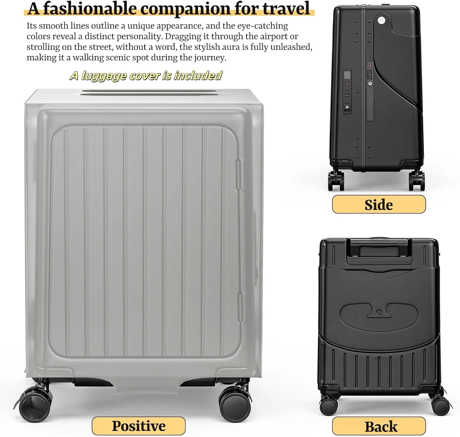 24" Hardshell Suitcase with Seat for Kids & Adults,Travel Luggage with Front Compartment & 4 Lockable Spinner Wheels, TSA Lock, USB Port, Luggage Cover, Safty Seatbelt (Black, 24 Inch)