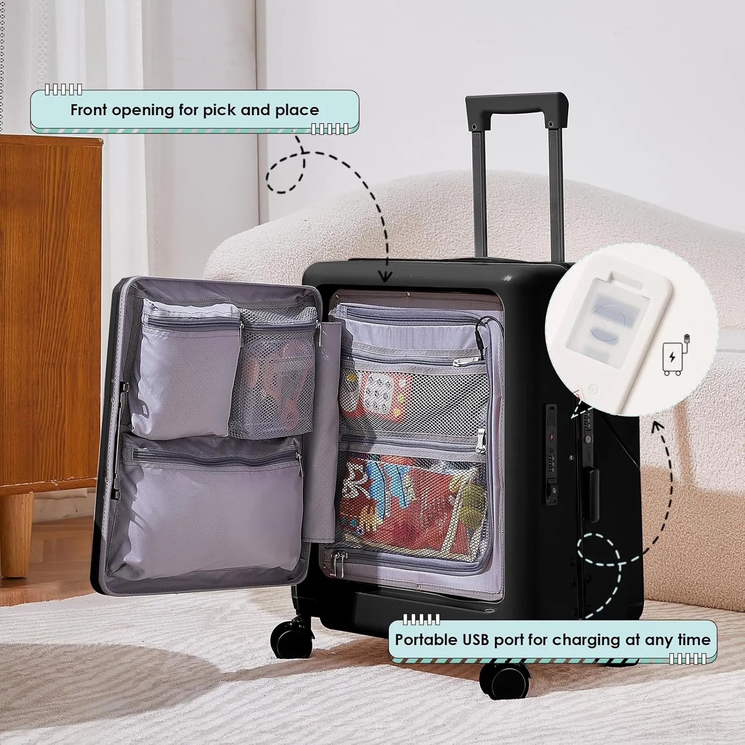 24" Hardshell Suitcase with Seat for Kids & Adults,Travel Luggage with Front Compartment & 4 Lockable Spinner Wheels, TSA Lock, USB Port, Luggage Cover, Safty Seatbelt (Black, 24 Inch)