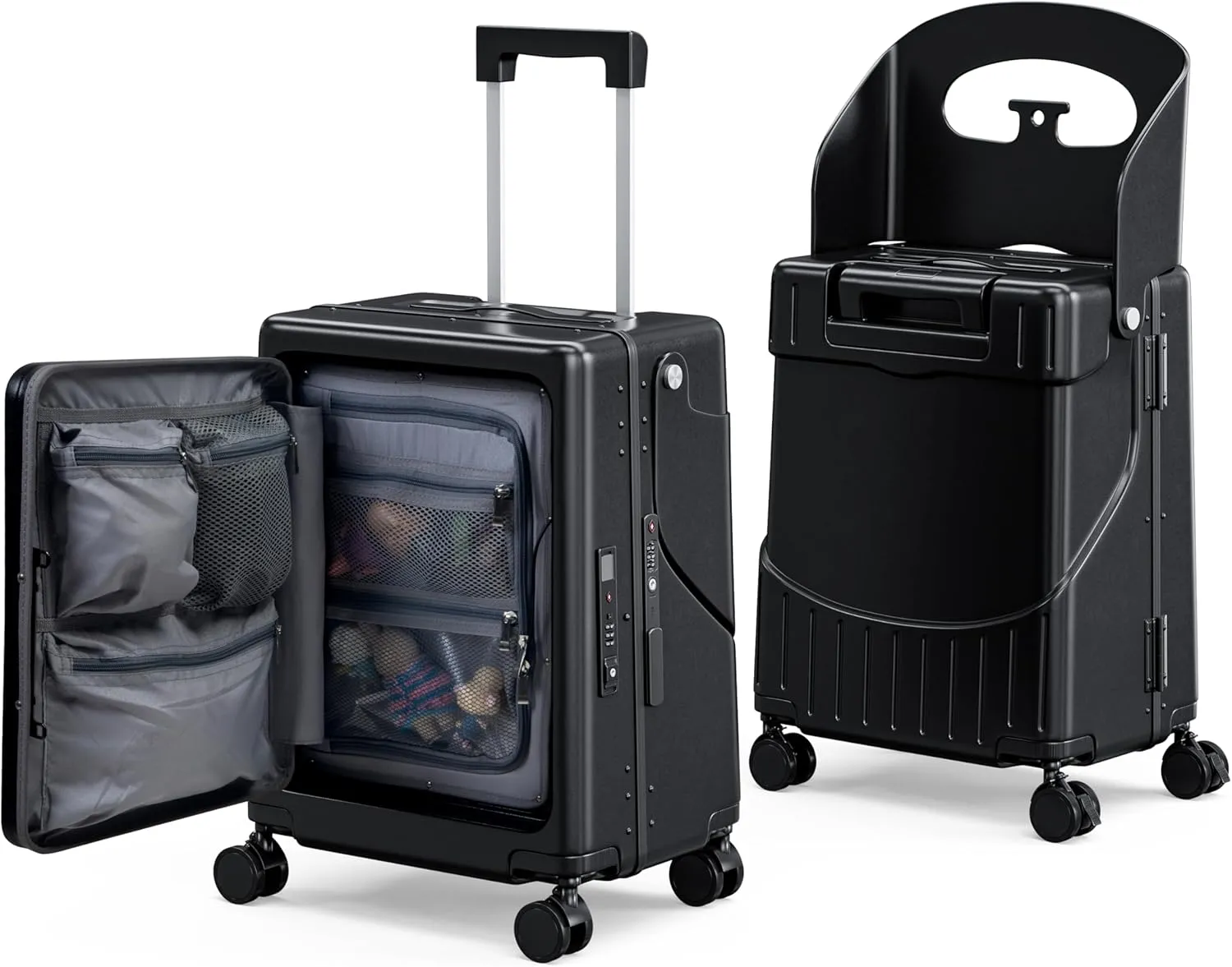 24" Hardshell Suitcase with Seat for Kids & Adults,Travel Luggage with Front Compartment & 4 Lockable Spinner Wheels, TSA Lock, USB Port, Luggage Cover, Safty Seatbelt (Black, 24 Inch)