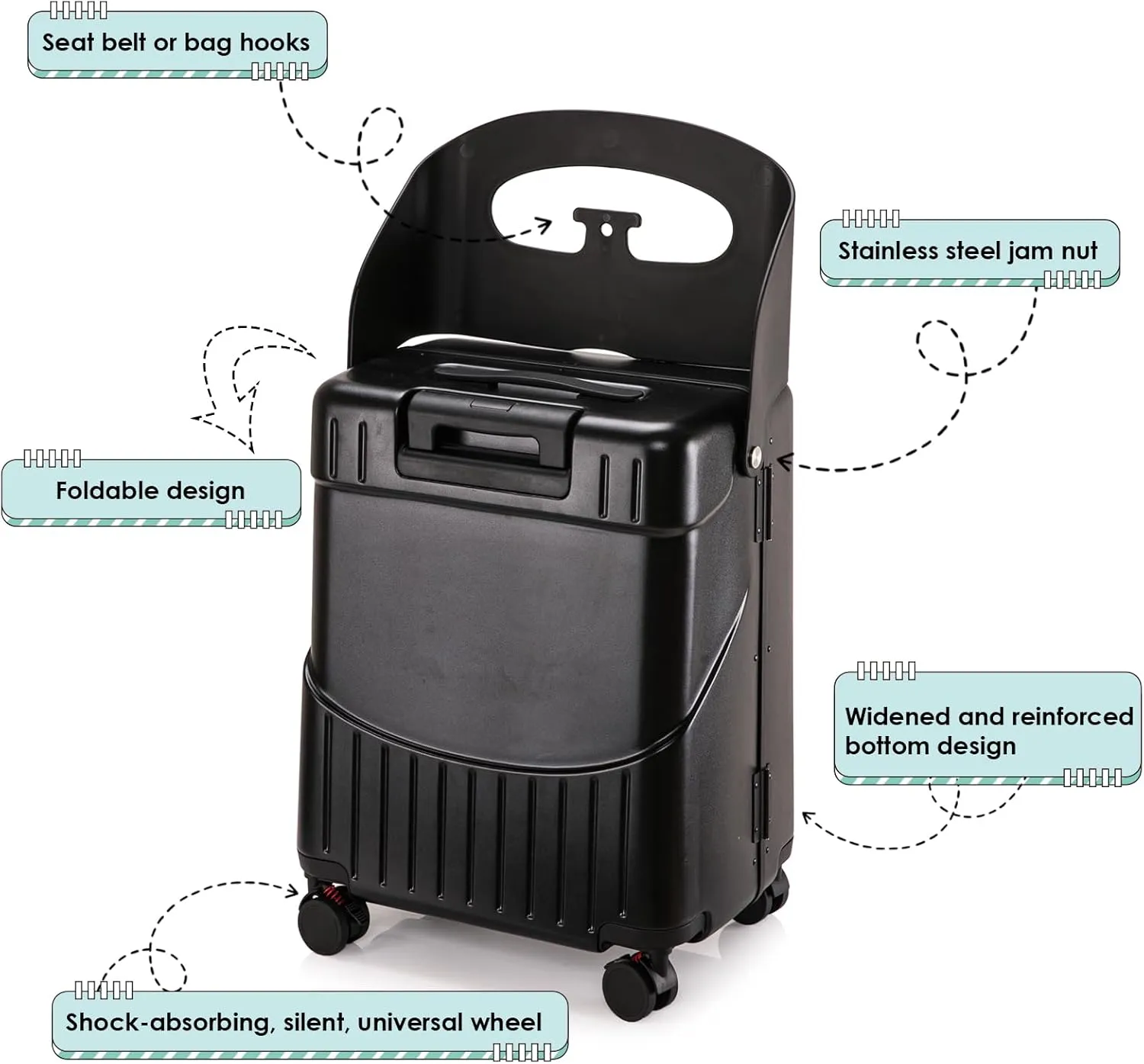 24" Hardshell Suitcase with Seat for Kids & Adults,Travel Luggage with Front Compartment & 4 Lockable Spinner Wheels, TSA Lock, USB Port, Luggage Cover, Safty Seatbelt (Black, 24 Inch)