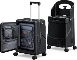 24" Hardshell Suitcase with Seat for Kids & Adults,Travel Luggage with Front Compartment & 4 Lockable Spinner Wheels, TSA Lock, USB Port, Luggage Cover, Safty Seatbelt (Black, 24 Inch)