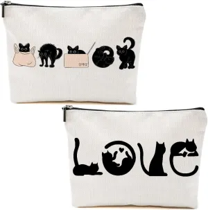 2pcs Cute Cats Minimalism Cosmetic Bags for Women, Cute Cat Themed Gifts Makeup Bag, Christmas Birthday Gifts for Women Girls Cat Mom, Zipper Bags Travel Pouch for Sister Bestie