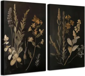 2Pcs Dark Botanical Canvas Wall Art Vintage Floral Wall Decor Pictures Dark Academia Moody Flowers Aesthetic Gallery Room Posters Prints for Bedroom Living room Decoration 16x24in