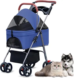 3 in 1 Pet Stroller,Foldable Pet Travel Carrier Detachble Portable Pet Bag for Small Medium Dogs Cats Puppy Stroller with Storage Basket and Cup Holder Blue