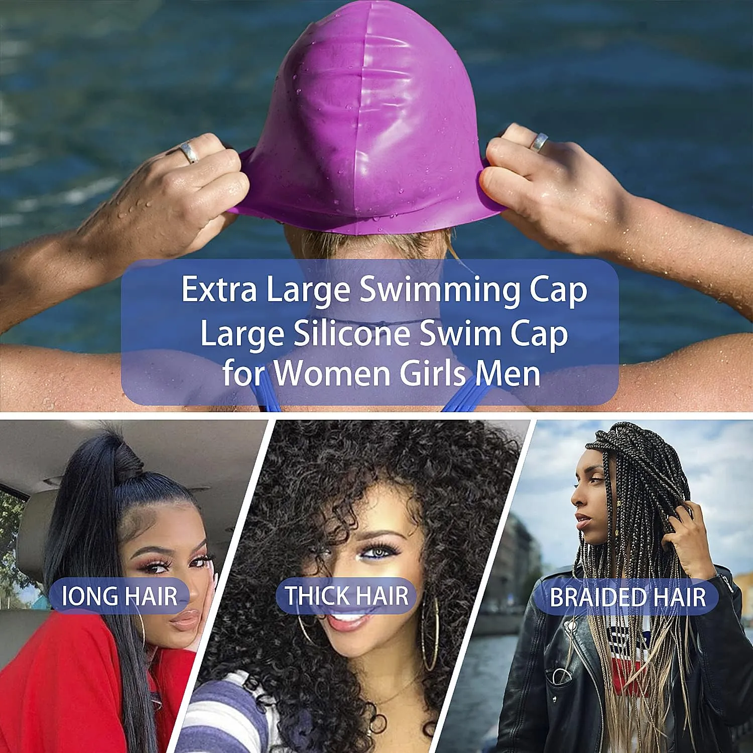 3 Pack Extra Large Swim Caps for Braids and Dreads Locs Long Hair Black Women Men Swimming Silicone Waterproof Pool