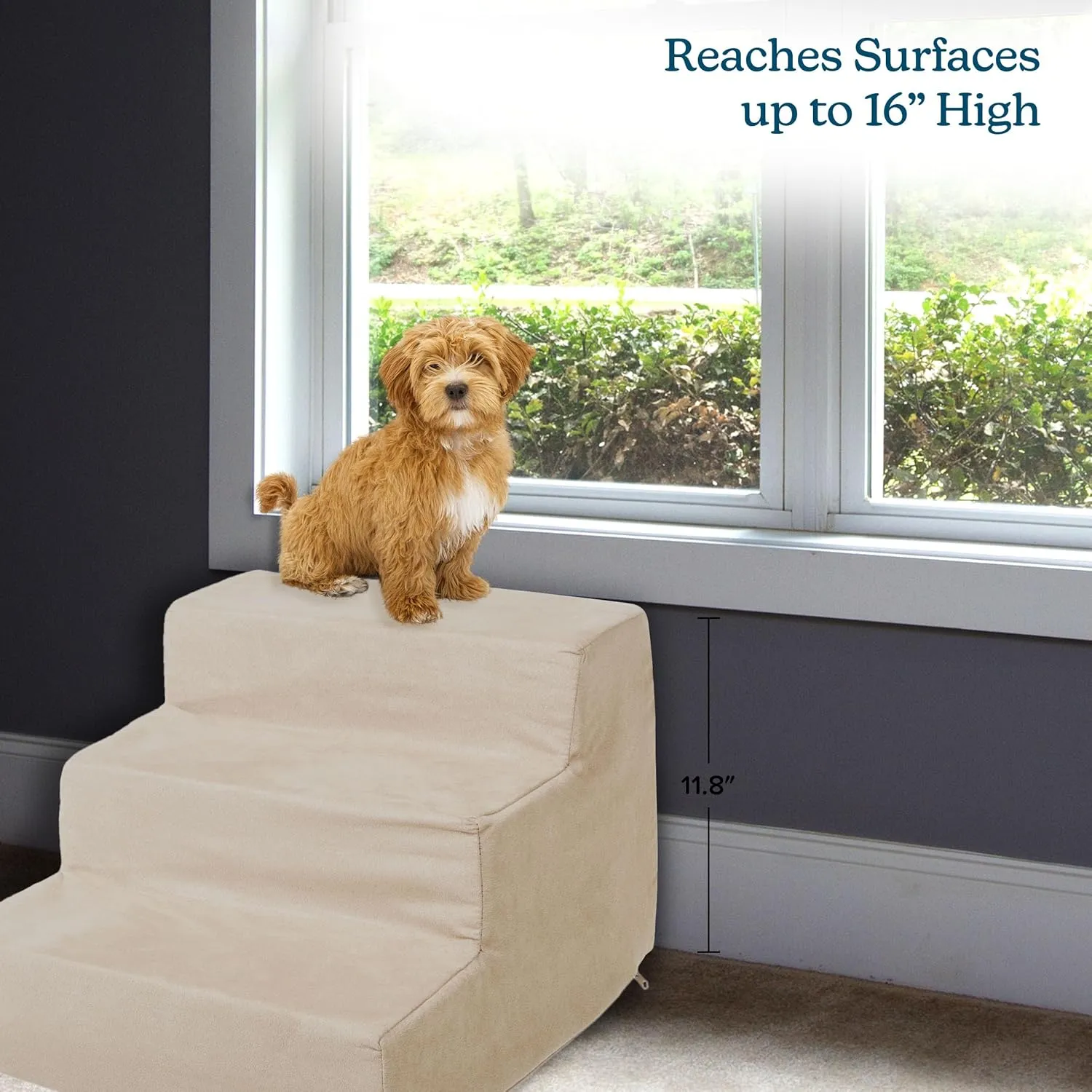 3-Step Pet Stairs - Nonslip Foam Dog and Cat Steps with Removable Zippered Microfiber Cover - 2-Tone Design for Home or Vehicle Use by PETMAKER (Tan)