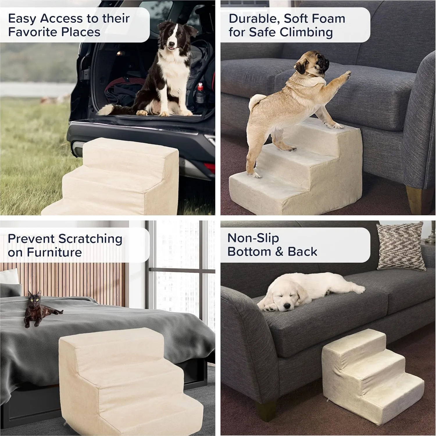 3-Step Pet Stairs - Nonslip Foam Dog and Cat Steps with Removable Zippered Microfiber Cover - 2-Tone Design for Home or Vehicle Use by PETMAKER (Tan)