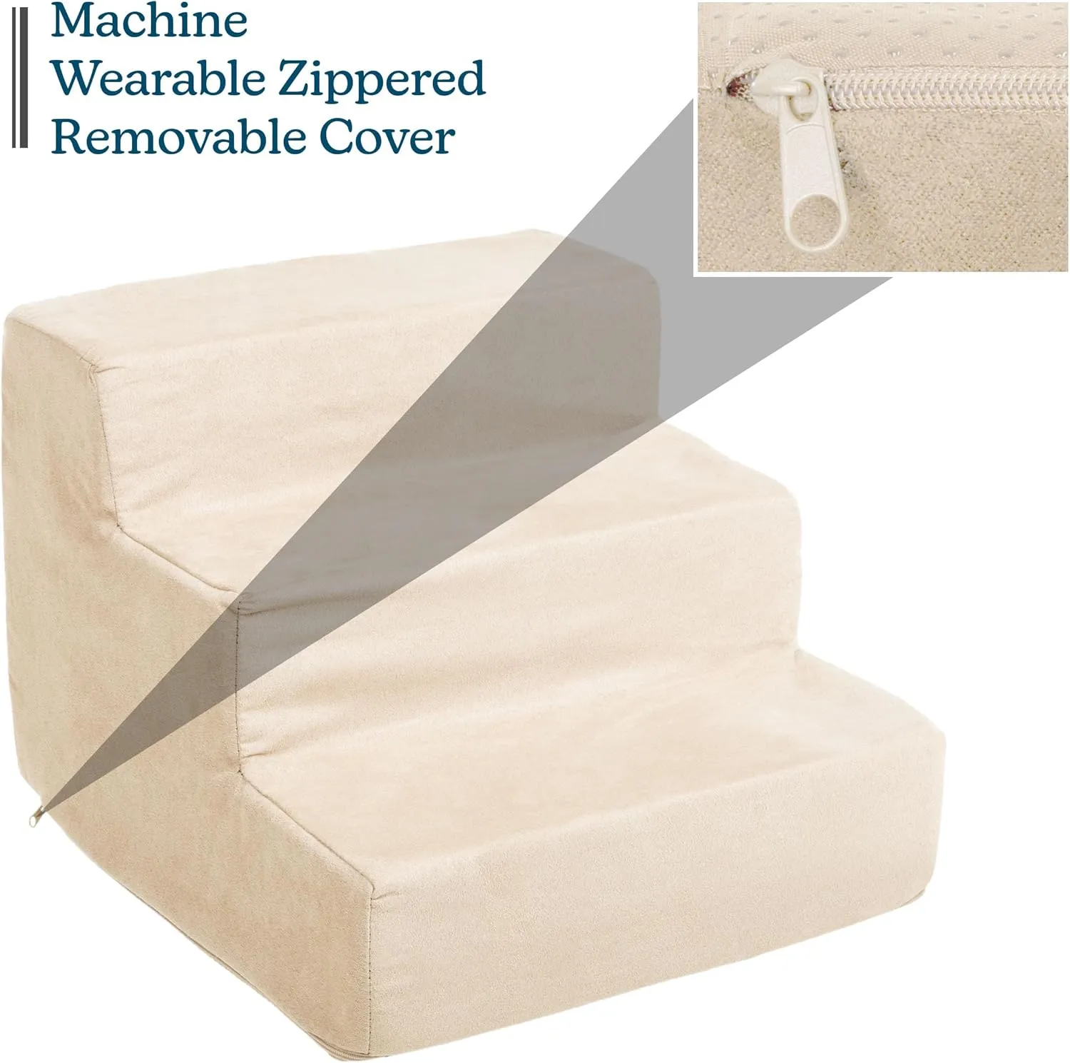 3-Step Pet Stairs - Nonslip Foam Dog and Cat Steps with Removable Zippered Microfiber Cover - 2-Tone Design for Home or Vehicle Use by PETMAKER (Tan)