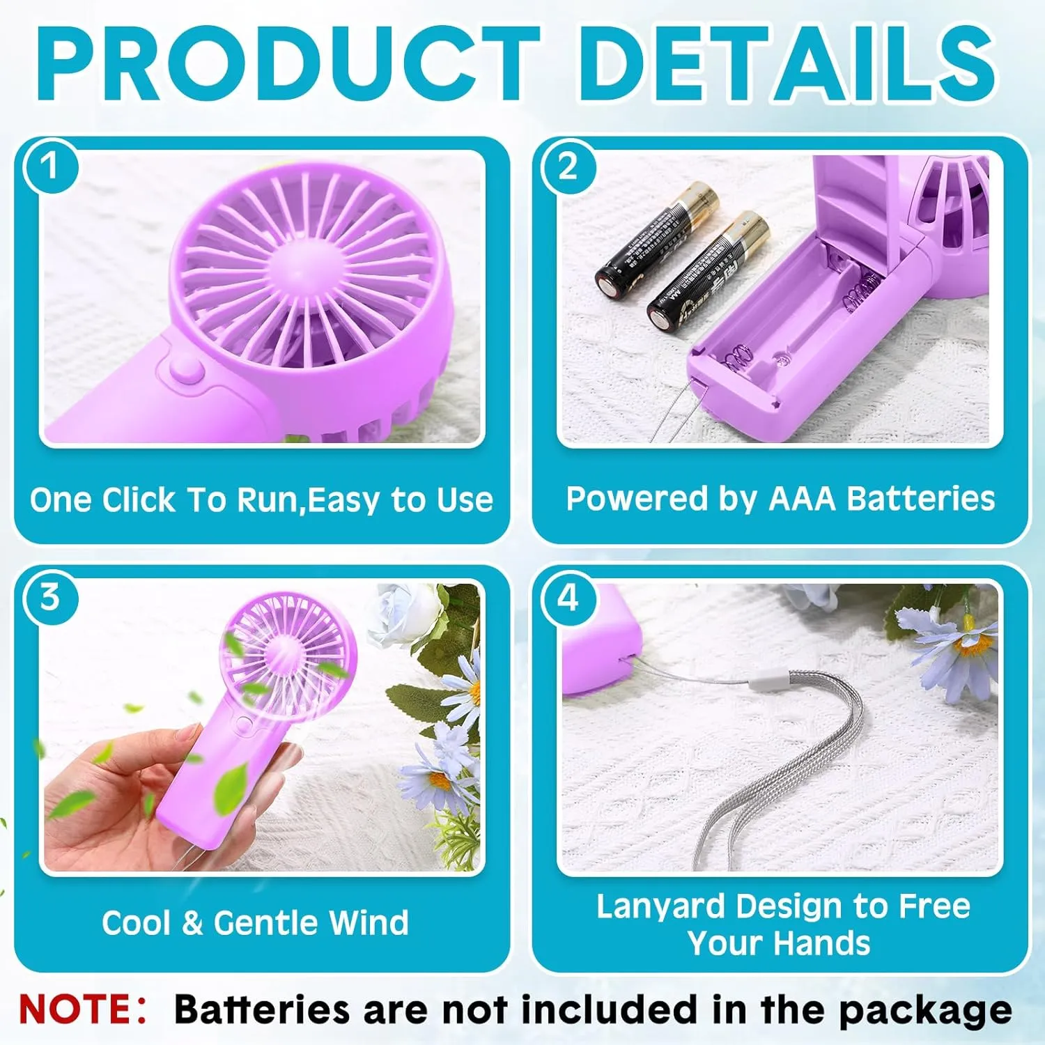 30 Pcs Mini Portable Fan Handheld Battery Operated Portable Small Personal Fans for Summer Travel Beach Indoor Outdoor Cooling Gift (Blue,Black,Purple)