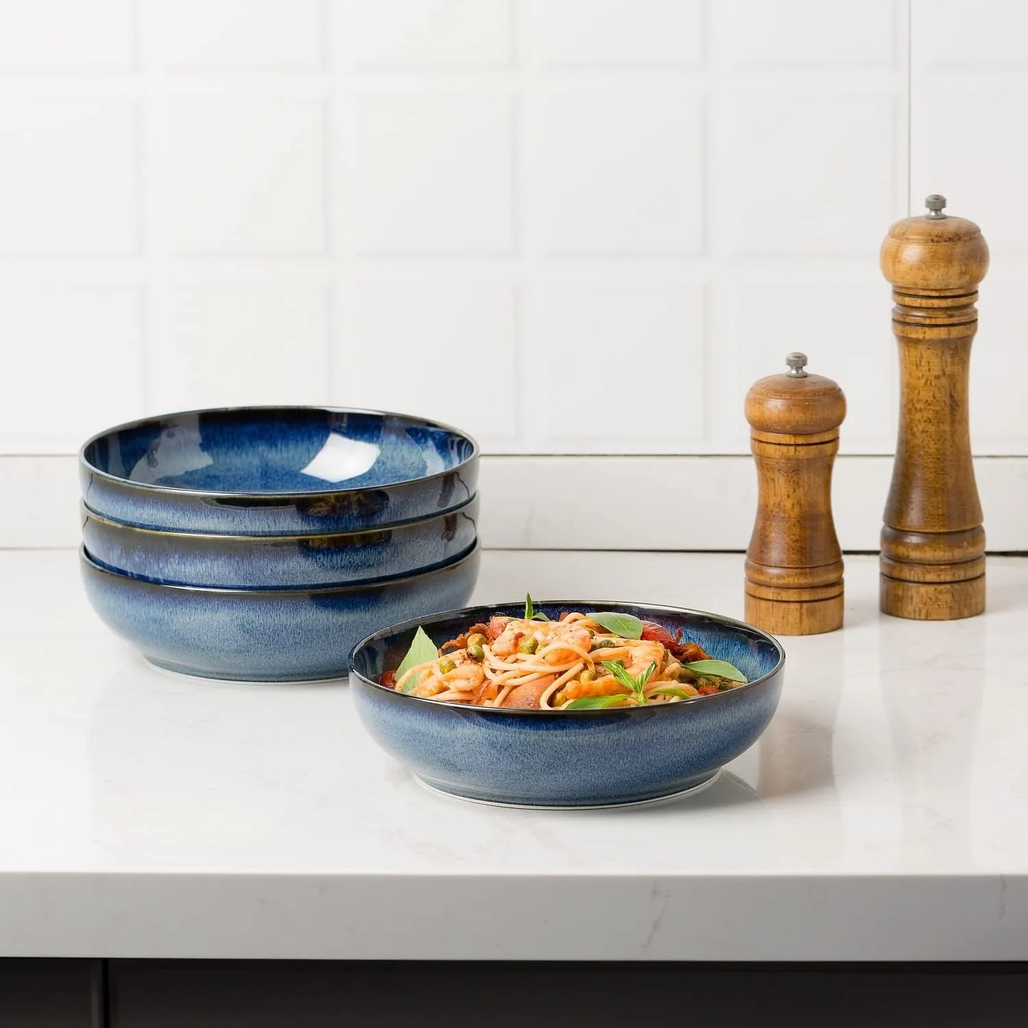 30oz Pasta bowls set - 8" serving bowls - salad bowl set of 4 - Large ceramic Dinner bowls - Microwave safe Perfect for Housewarming, Thanksgiving, Christmas-Royal Blue