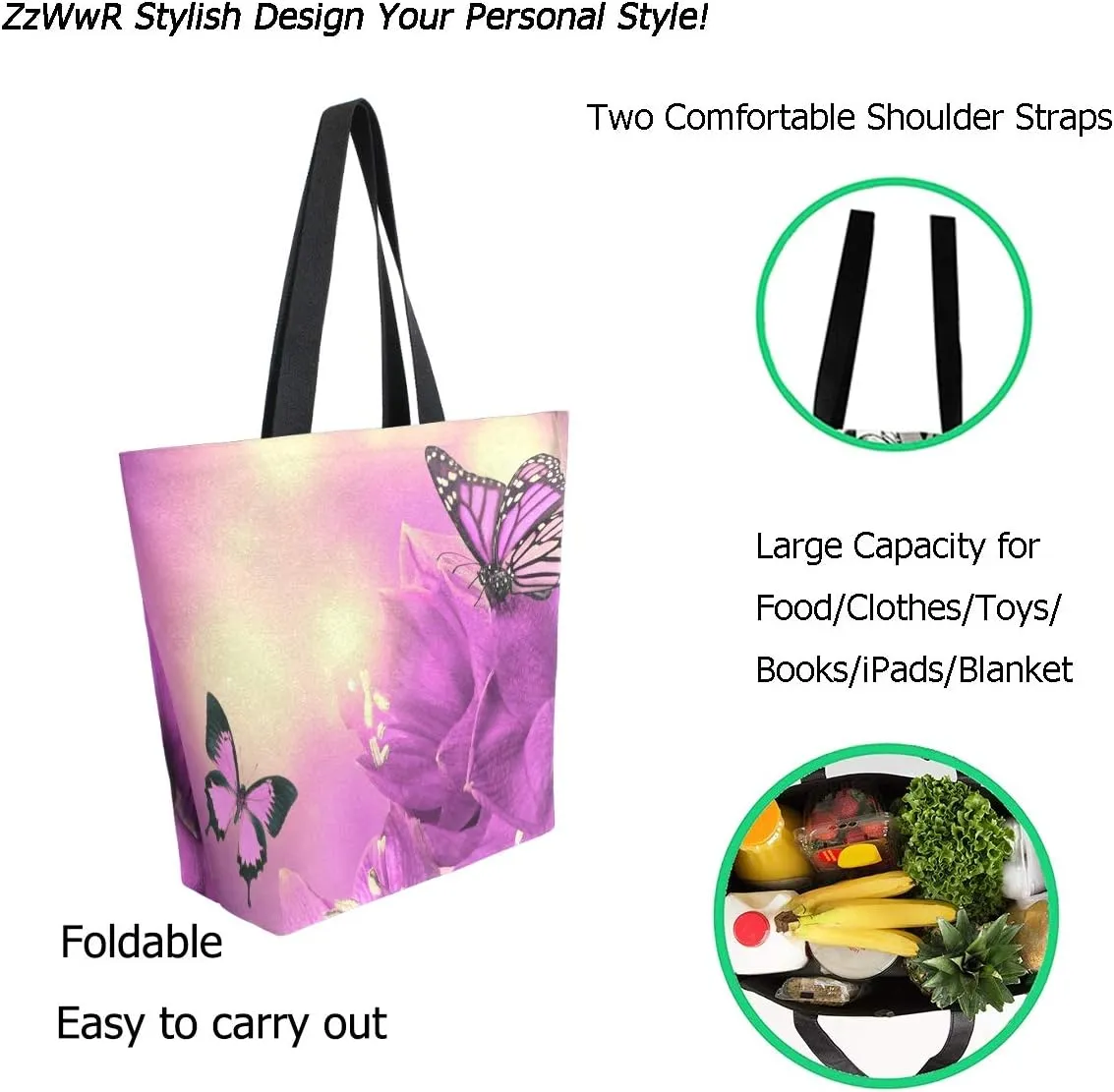 3D Beautiful Spring Primula Flowers Purple Butterfly Extra Large Canvas Shoulder Tote Top Storage Handle Bag for Gym Beach Weekender Travel Reusable Grocery Shopping