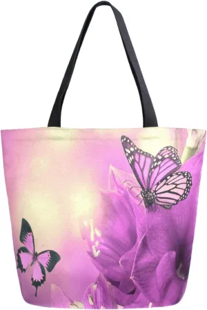 3D Beautiful Spring Primula Flowers Purple Butterfly Extra Large Canvas Shoulder Tote Top Storage Handle Bag for Gym Beach Weekender Travel Reusable Grocery Shopping