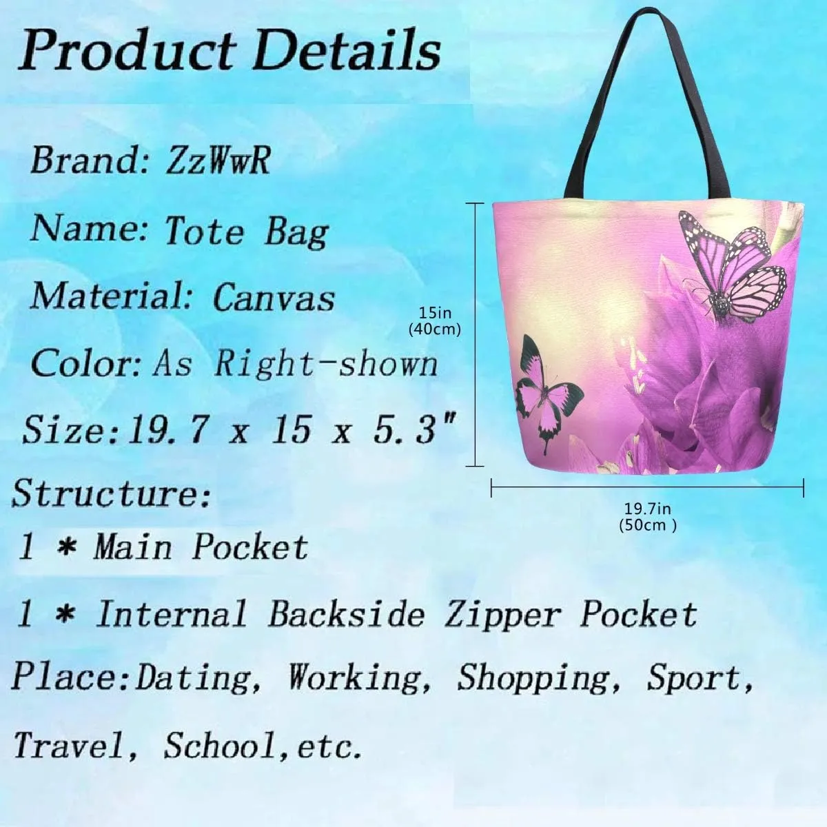 3D Beautiful Spring Primula Flowers Purple Butterfly Extra Large Canvas Shoulder Tote Top Storage Handle Bag for Gym Beach Weekender Travel Reusable Grocery Shopping