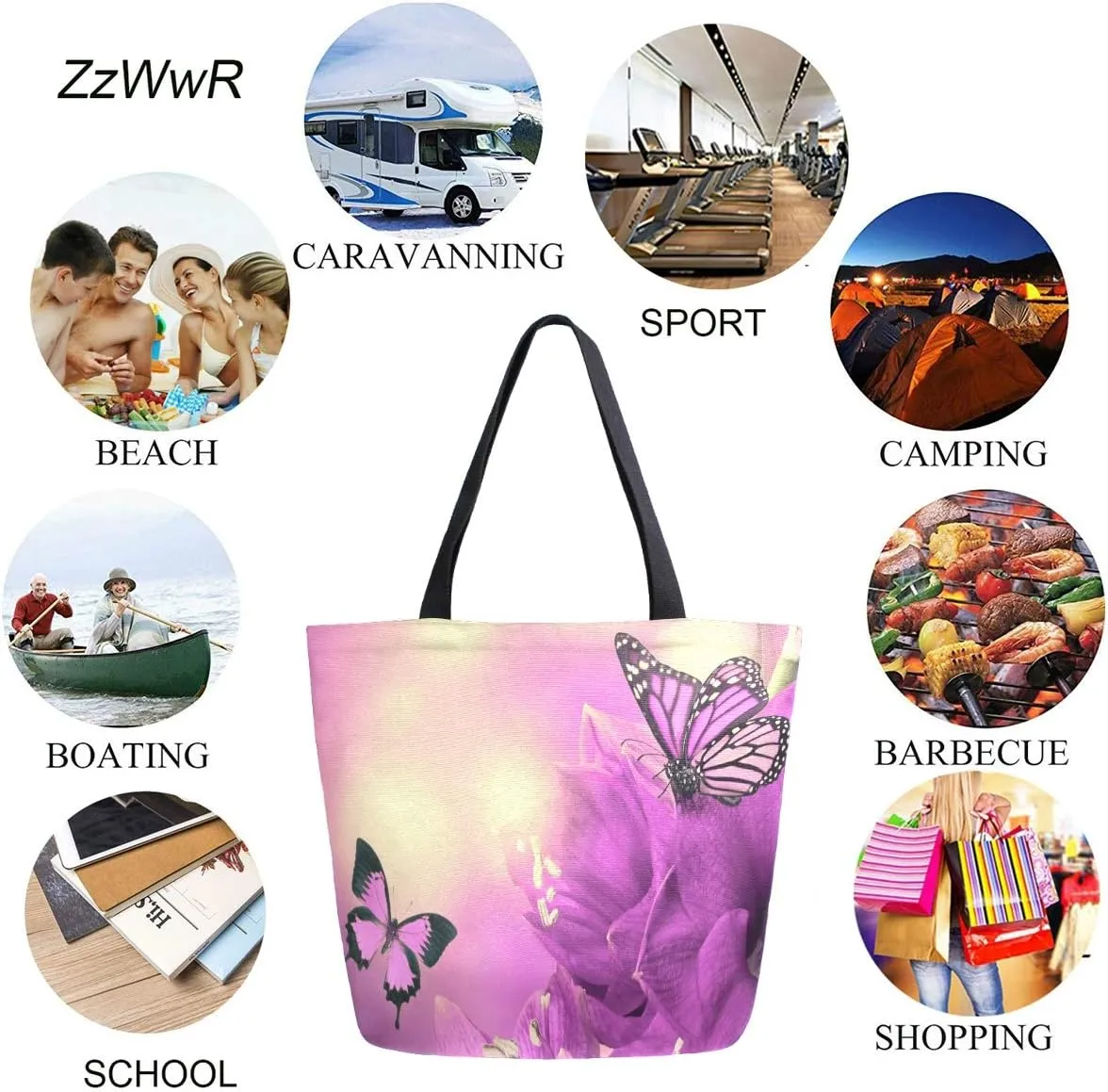 3D Beautiful Spring Primula Flowers Purple Butterfly Extra Large Canvas Shoulder Tote Top Storage Handle Bag for Gym Beach Weekender Travel Reusable Grocery Shopping