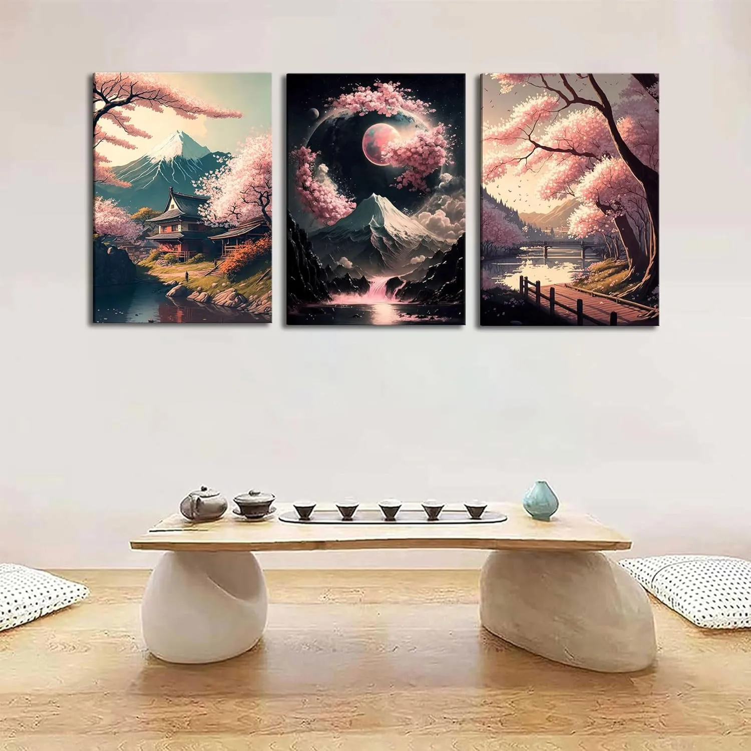 3Pcs Japanese Canvas Wall Art Cherry Blossom Lake Landscape Wall Decor Pictures Japan Mount Fuji Art Posters Prints for Living Room Bedroom Home Decoration Ready to hang
