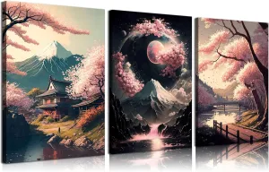 3Pcs Japanese Canvas Wall Art Cherry Blossom Lake Landscape Wall Decor Pictures Japan Mount Fuji Art Posters Prints for Living Room Bedroom Home Decoration Ready to hang