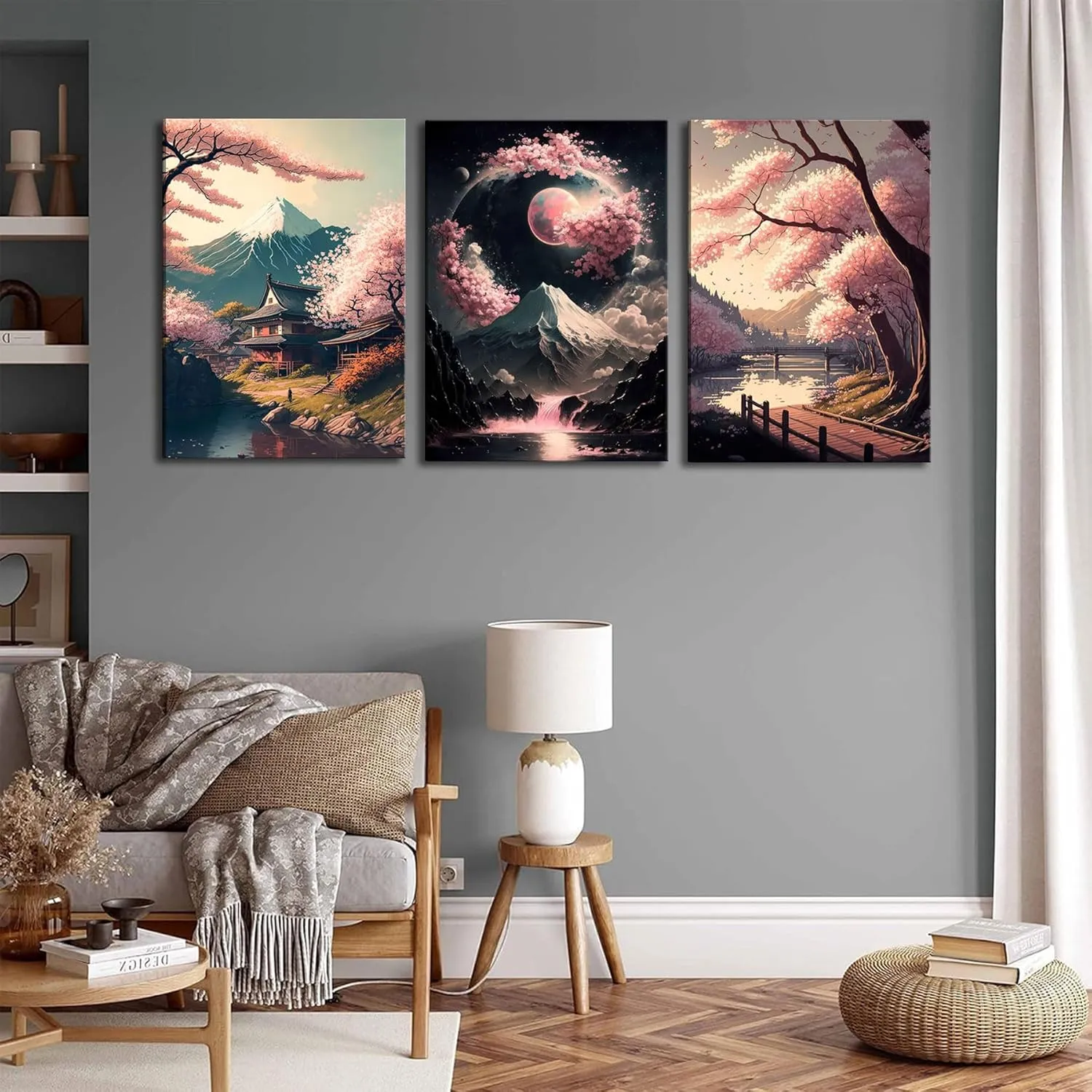 3Pcs Japanese Canvas Wall Art Cherry Blossom Lake Landscape Wall Decor Pictures Japan Mount Fuji Art Posters Prints for Living Room Bedroom Home Decoration Ready to hang