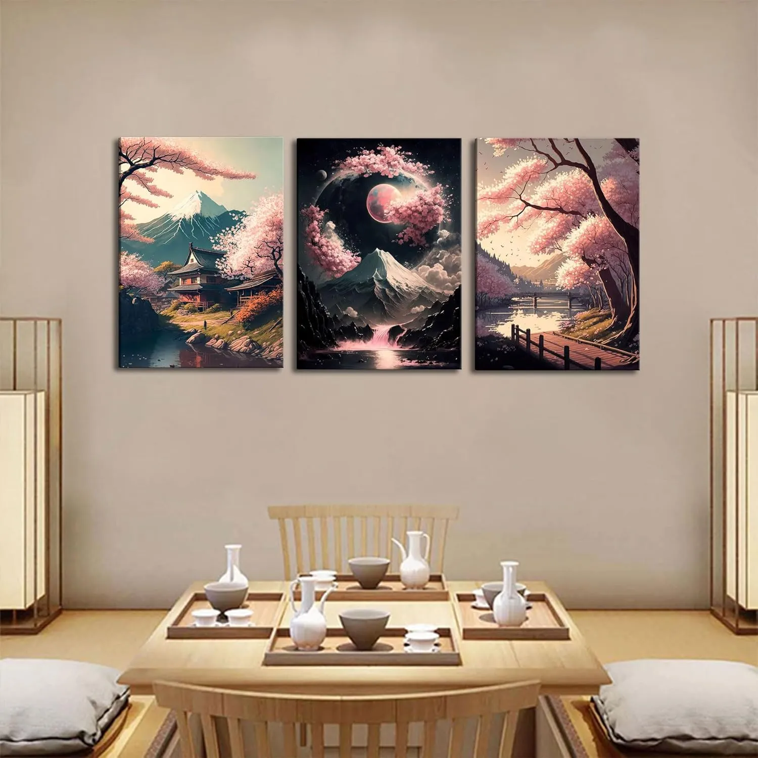 3Pcs Japanese Canvas Wall Art Cherry Blossom Lake Landscape Wall Decor Pictures Japan Mount Fuji Art Posters Prints for Living Room Bedroom Home Decoration Ready to hang